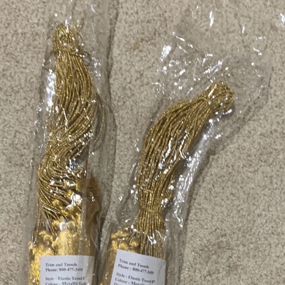 Tassels 10” Metallic Gold from top to bottom, elastic loop with rayon 2” tassel. - Picture 3 of 3